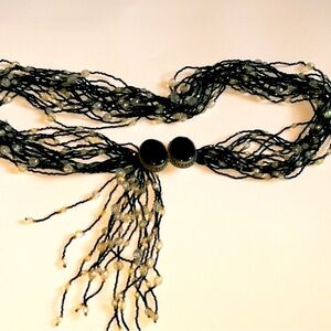 Vintage Gatsby-Style Beaded Belt with Black Brooch Buckle Closure.